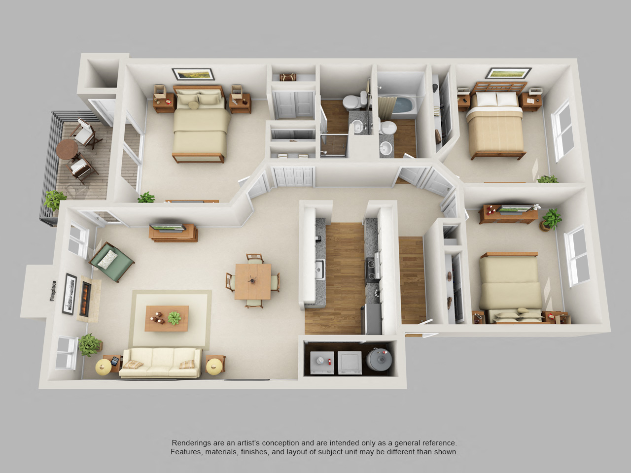 Floor plan for 3 beds, 2 baths, 1220 sqft